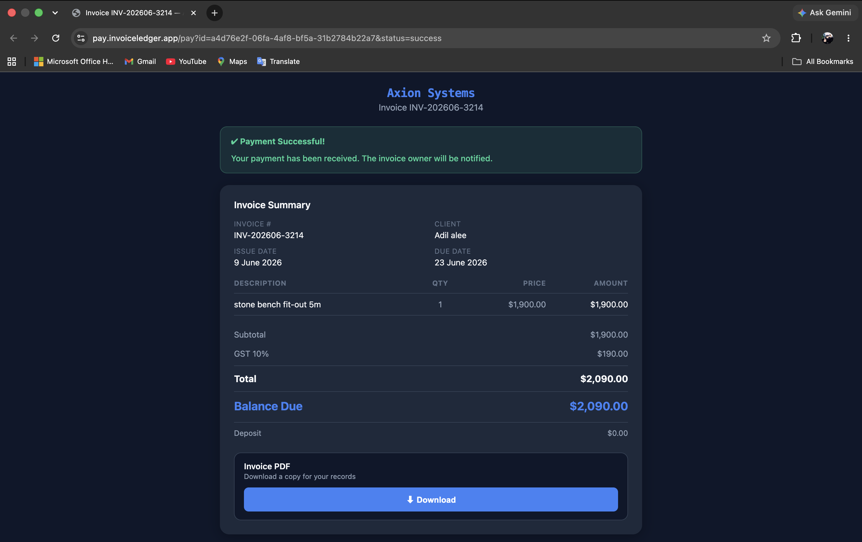 MacBook showing the Invoice Ledger online invoice page in a browser: payment successful banner, invoice summary with line item, GST, total and balance due of $2,090.00, and an invoice PDF download button
