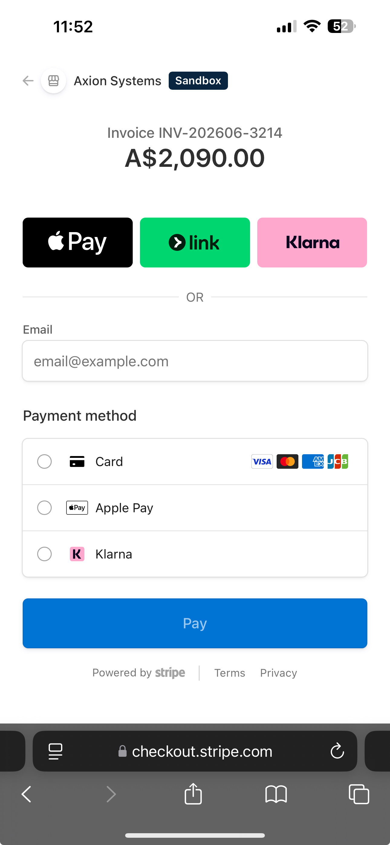 iPhone showing the Stripe checkout for an Invoice Ledger invoice: A$2,090.00 due, with Apple Pay, Link, Klarna and card payment options and a Pay button